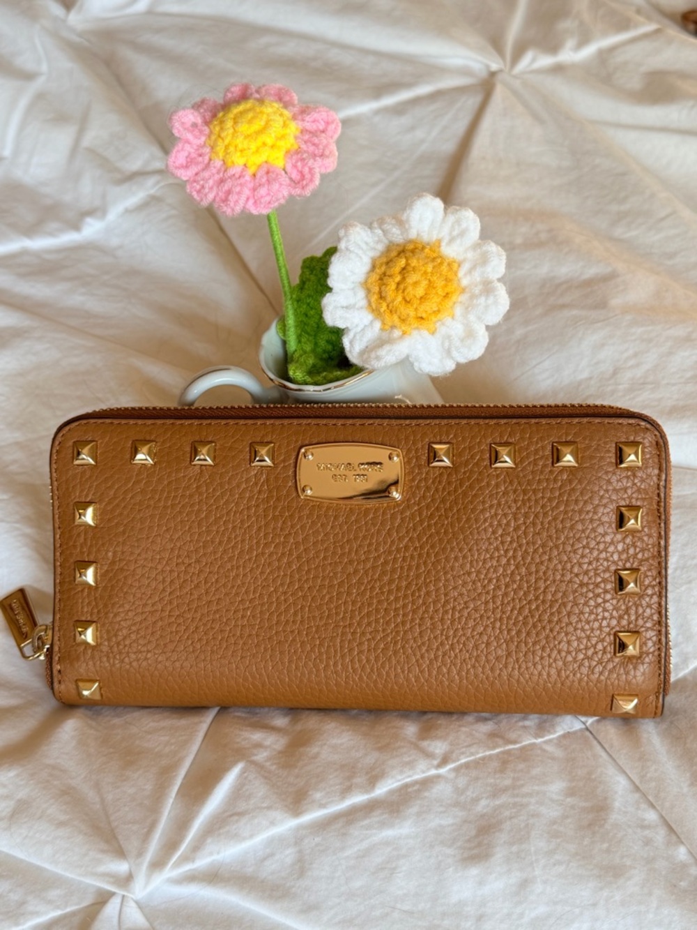 Michael Kors Brown Pebbled Leather Zip Wallet with Gold Studs